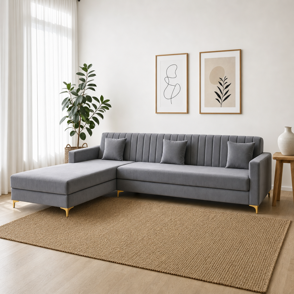 Dazzle - L shape sectional sofa, three-quarter view showing the chaise and depth