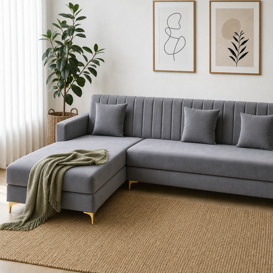 Dazzle - L shape sectional sofa styled with a sage-green throw