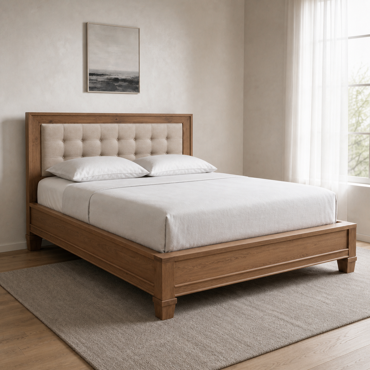 Denna - Bed, closer made-bed view showing the complete frame construction