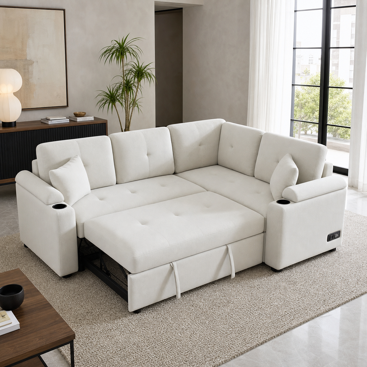 Denzo - Sofa bed, fully open sofa-bed hero in a contemporary living room