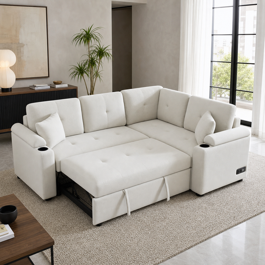 Denzo - Sofa bed, fully open sofa-bed hero in a contemporary living room