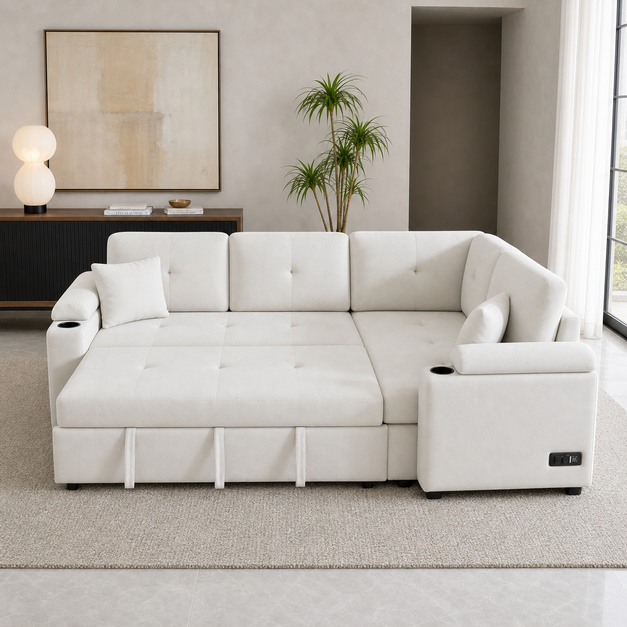 Denzo - Sofa bed, front view verifying the fully open footprint
