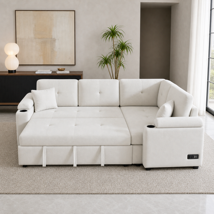 Denzo - Sofa bed, front view verifying the fully open footprint