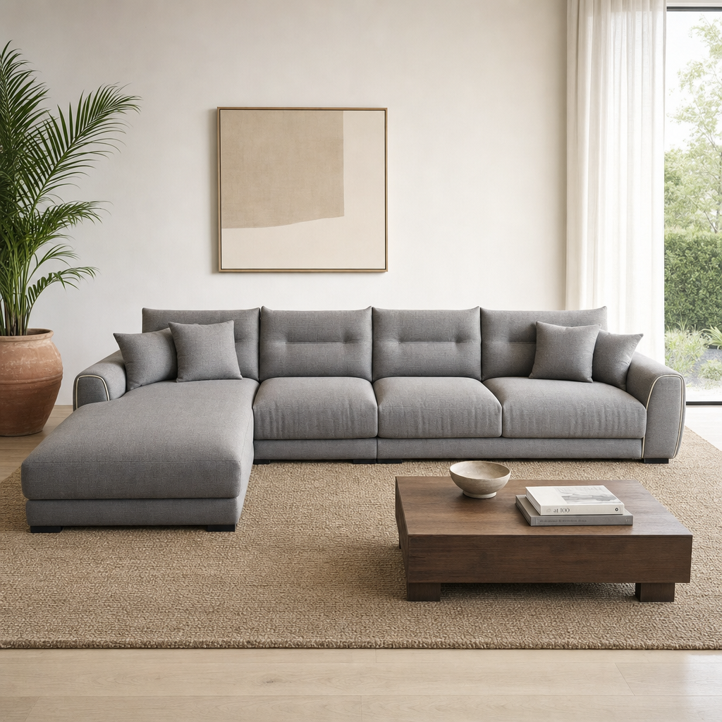 Dream - L shape sectional sofa in grey fabric, front view in a modern living room
