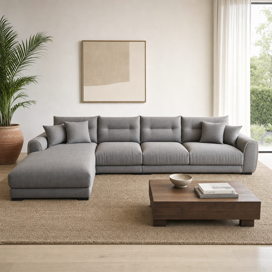 Dream - L shape sectional sofa in grey fabric, front view in a modern living room
