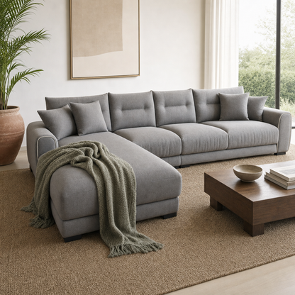 Dream - L shape sectional sofa styled with a sage-green throw