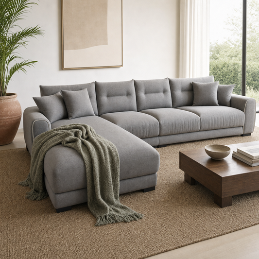 Dream - L shape sectional sofa styled with a sage-green throw