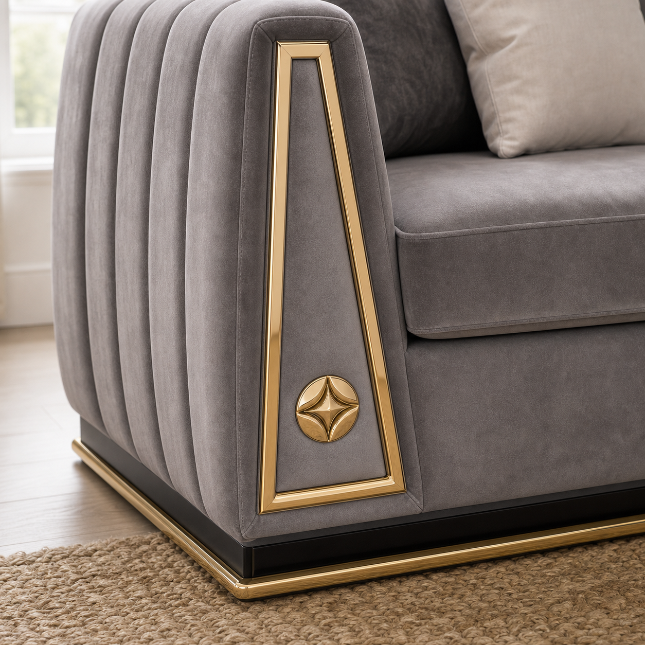 Detail view of Drift - 3+2+1 Sofa Set upholstery, seams, base, and legs