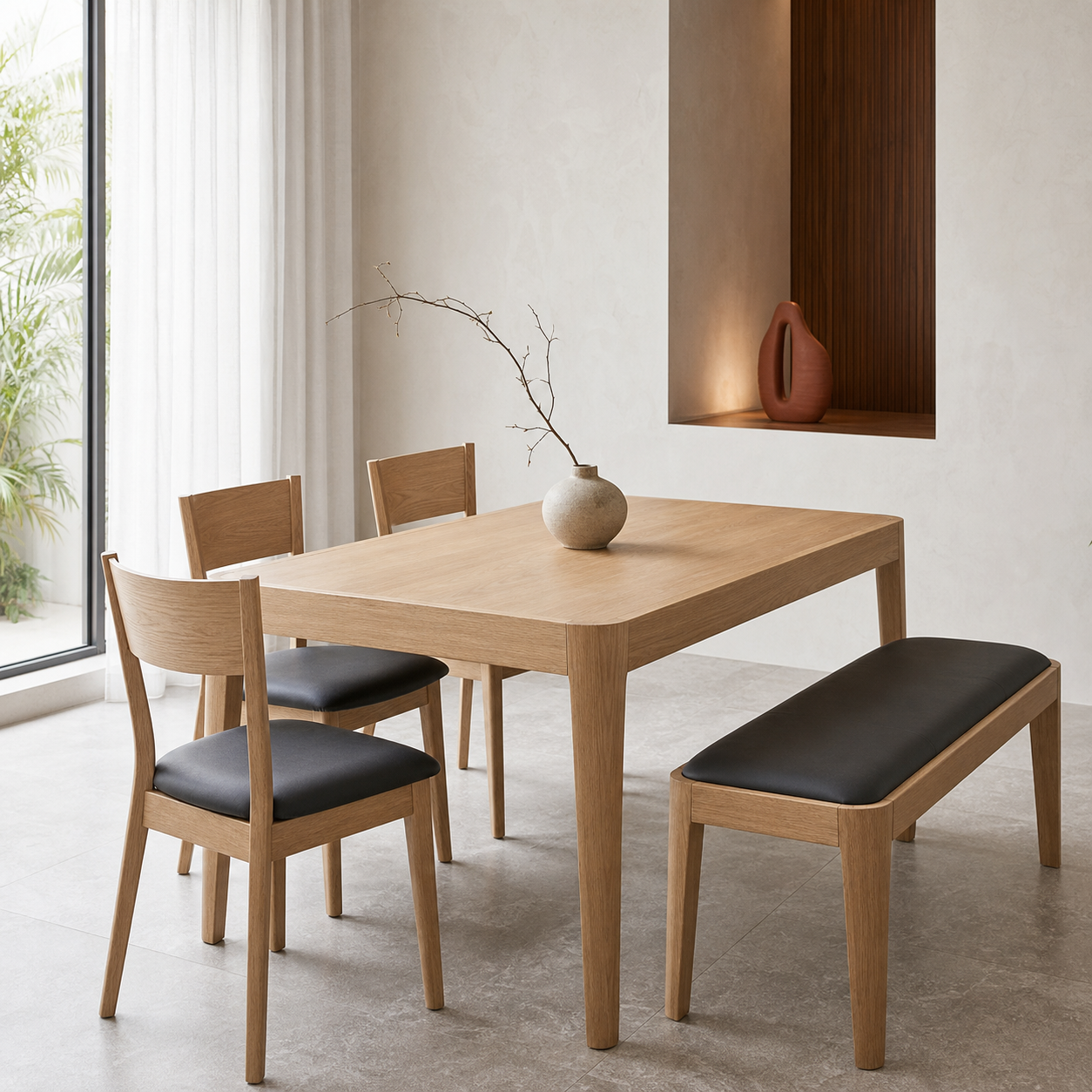 Dune - Wooden Top Dining Table, complete front three-quarter dining view in a contemporary room