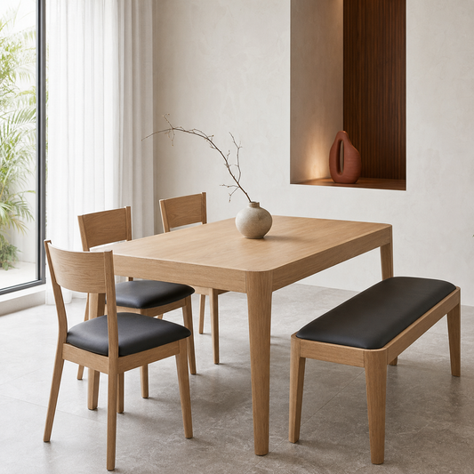 Dune - Wooden Top Dining Table, complete front three-quarter dining view in a contemporary room
