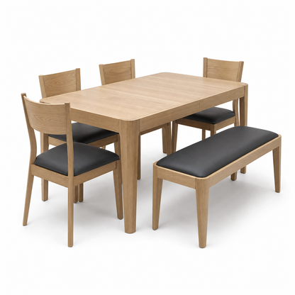Dune - Wooden Top Dining Table, complete set front three-quarter studio view