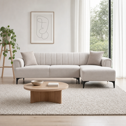 Dusk - L Shape Sectional Sofa in pearl beige fabric, front view in a modern living room