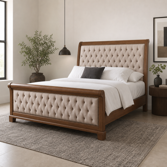 Eamon - Bed, complete front three-quarter bed view in a restrained bedroom