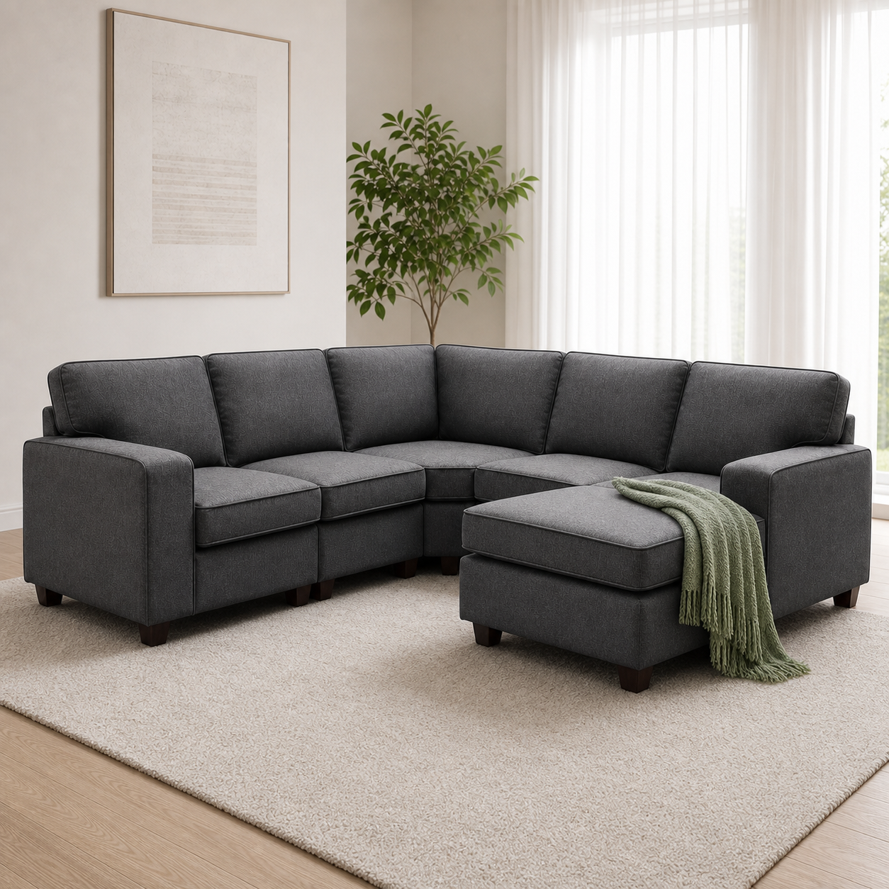 Echo - L shape sectional sofa sectional sofa styled with a sage-green throw