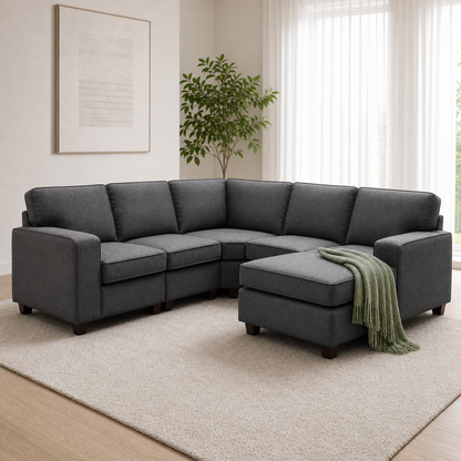 Echo - L shape sectional sofa sectional sofa styled with a sage-green throw