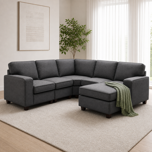 Echo - L shape sectional sofa sectional sofa styled with a sage-green throw