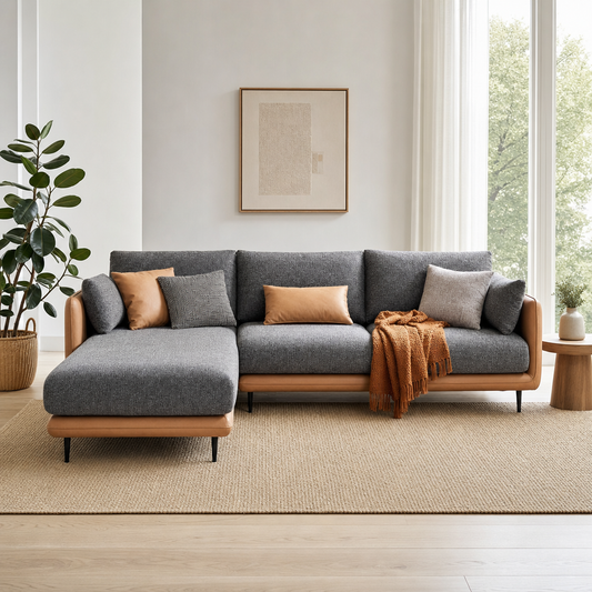 Eden - L shape sectional sofa in grey melange fabric with tan leather trim, front view in a modern living room