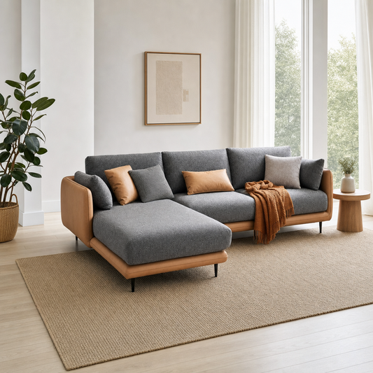 Eden - L shape sectional sofa, three-quarter view showing the chaise and depth
