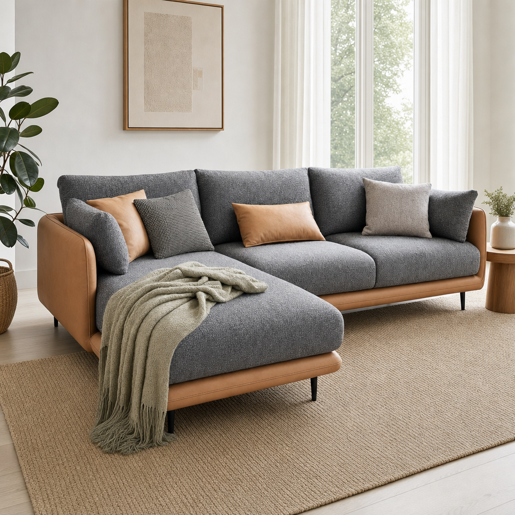 Eden - L shape sectional sofa styled with a sage-green throw