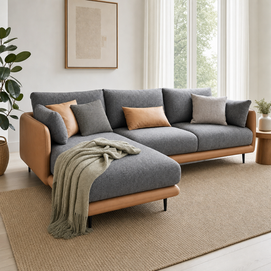Eden - L shape sectional sofa styled with a sage-green throw