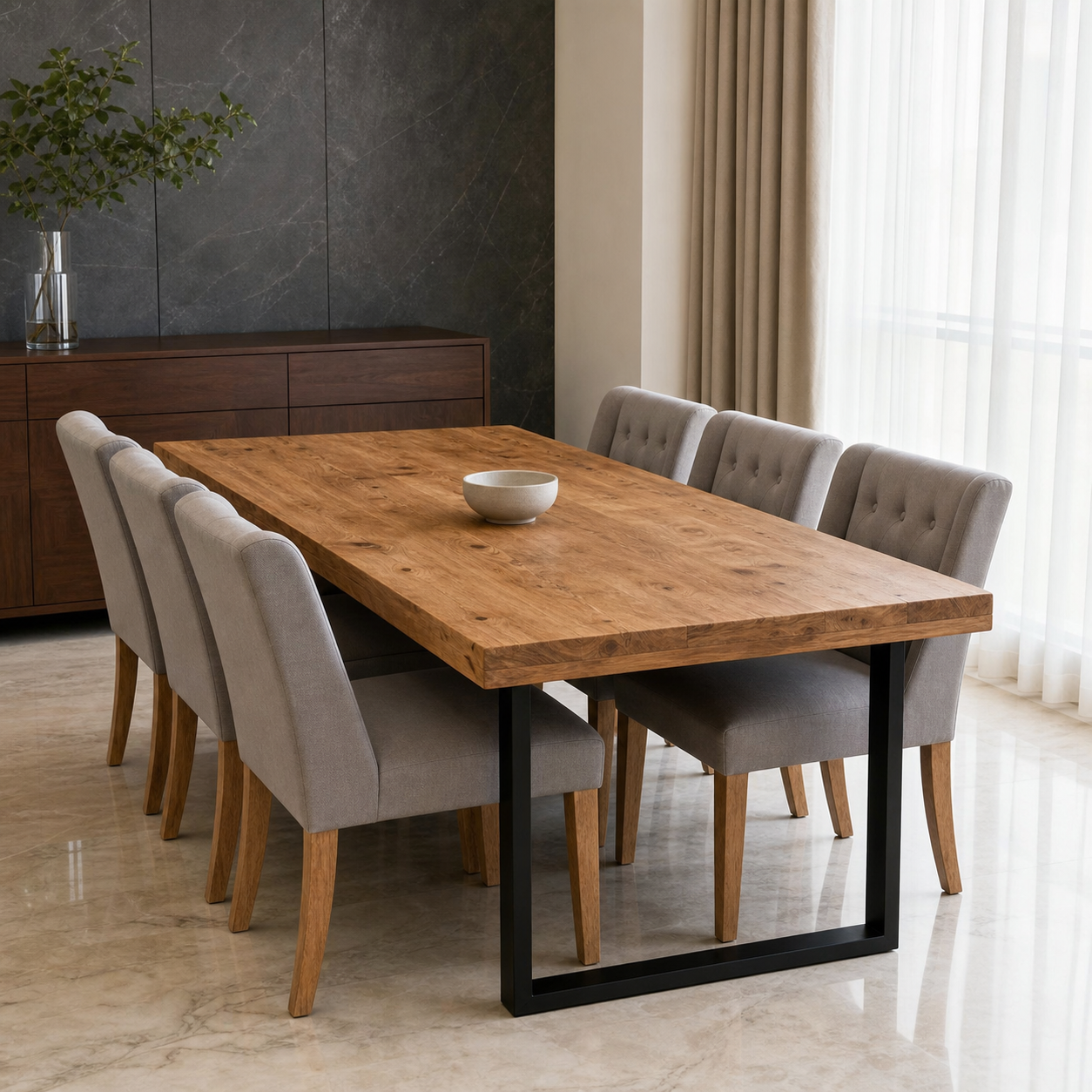 Nia - Wooden Top Dining Table, complete front three-quarter dining view in a contemporary room
