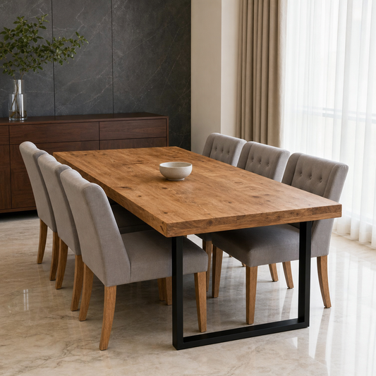 Nia - Wooden Top Dining Table, complete front three-quarter dining view in a contemporary room
