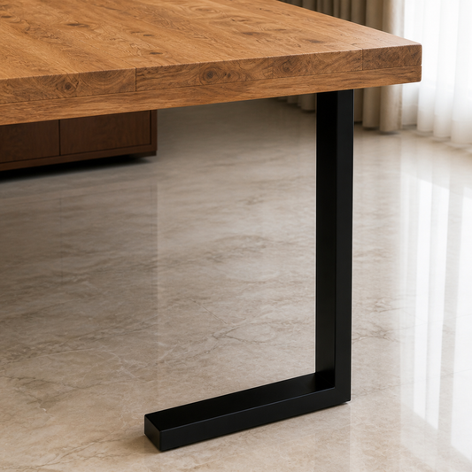 Nia - Wooden Top Dining Table, close tabletop and construction detail