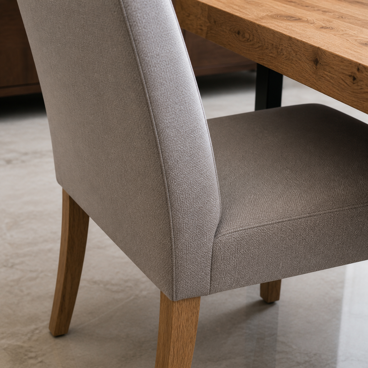 Nia - Wooden Top Dining Table, close chair, seating, or base construction detail