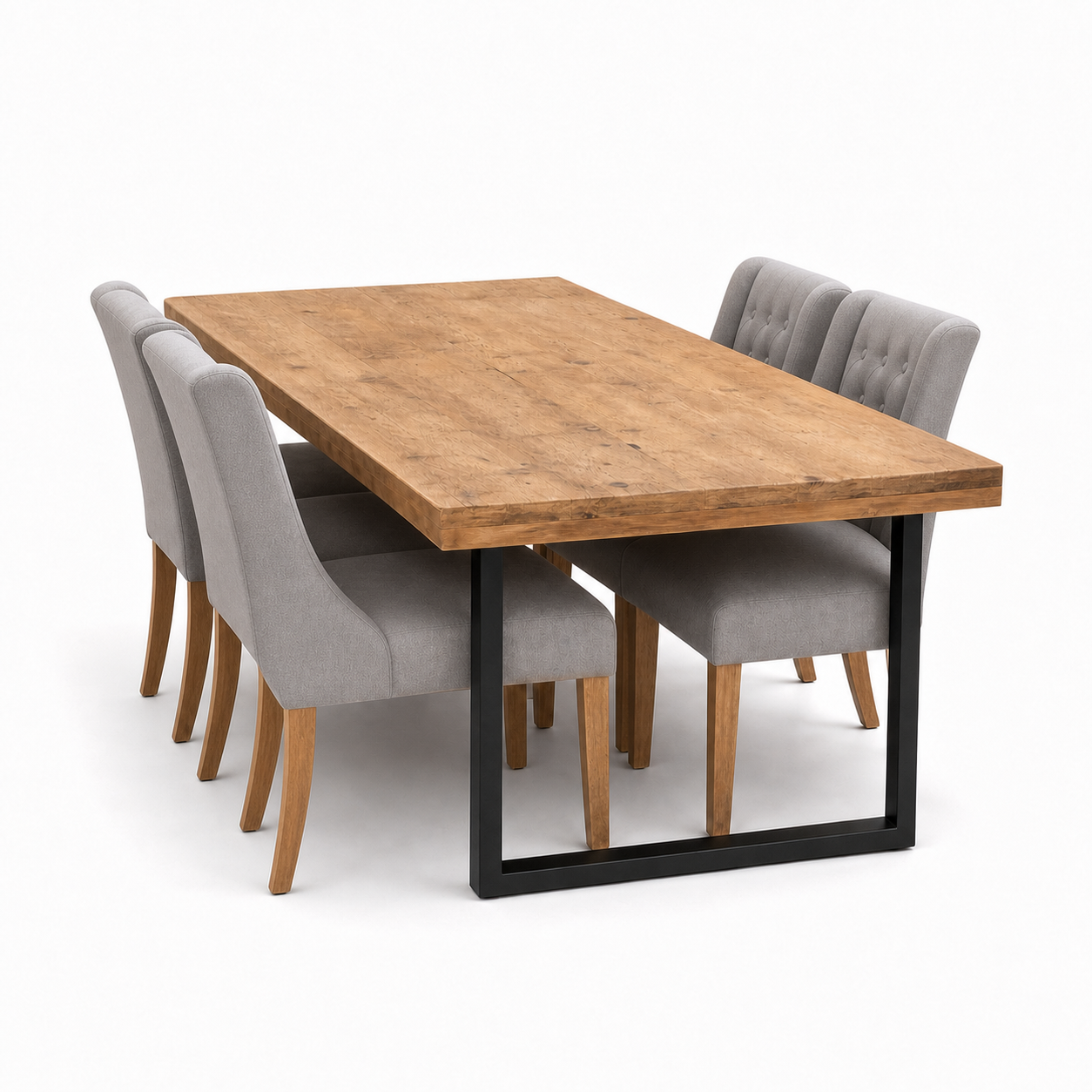 Nia - Wooden Top Dining Table, complete set front three-quarter studio view