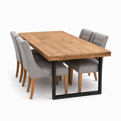 Nia - Wooden Top Dining Table, complete set front three-quarter studio view