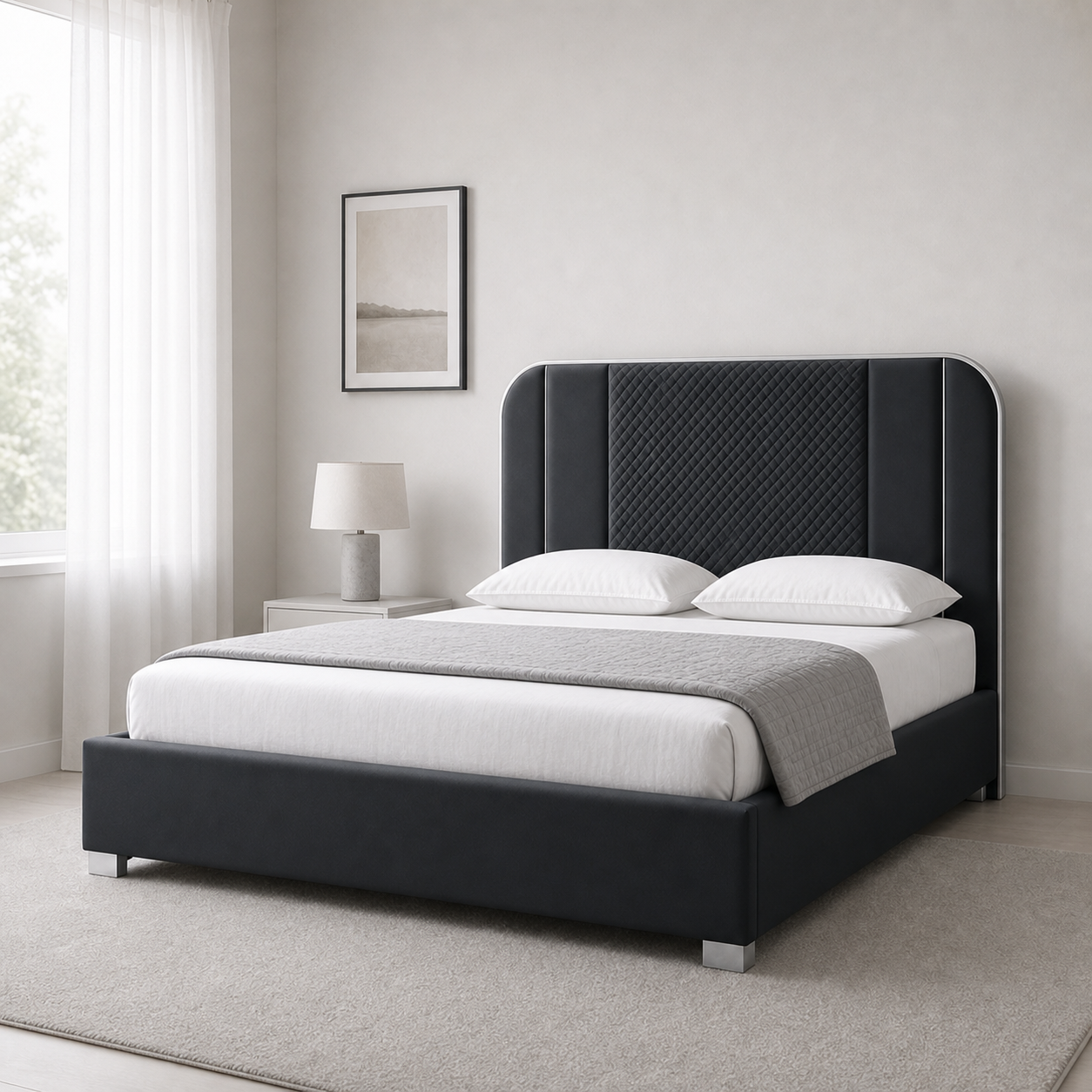 Elow - Bed, closer made-bed view showing the complete frame construction