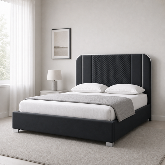 Elow - Bed, closer made-bed view showing the complete frame construction