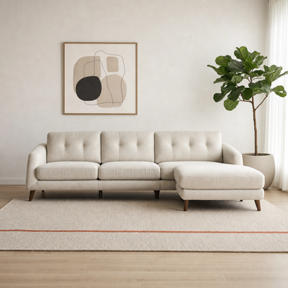Fade - L shape sectional sofa in cream fabric, front view in a modern living room