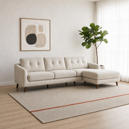 Fade - L shape sectional sofa, three-quarter view showing the chaise and depth