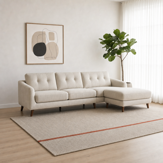 Fade - L shape sectional sofa, three-quarter view showing the chaise and depth