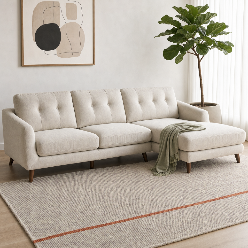 Fade - L shape sectional sofa styled with a sage-green throw