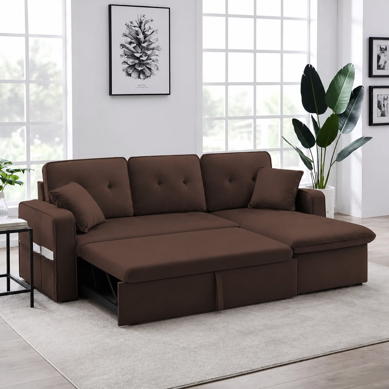 Farla - Sofa bed, front view verifying the fully open footprint
