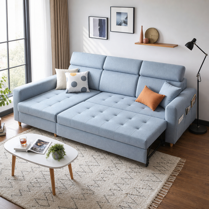 Filar - Sofa bed, front view verifying the fully open footprint