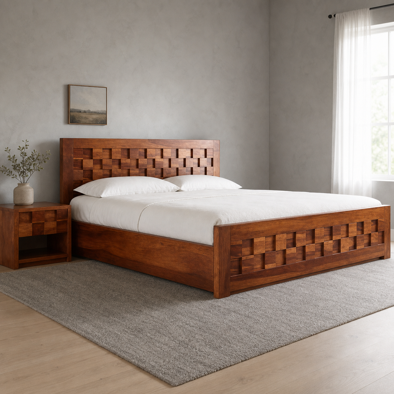 FInlo - Bed, complete front three-quarter bed view in a restrained bedroom