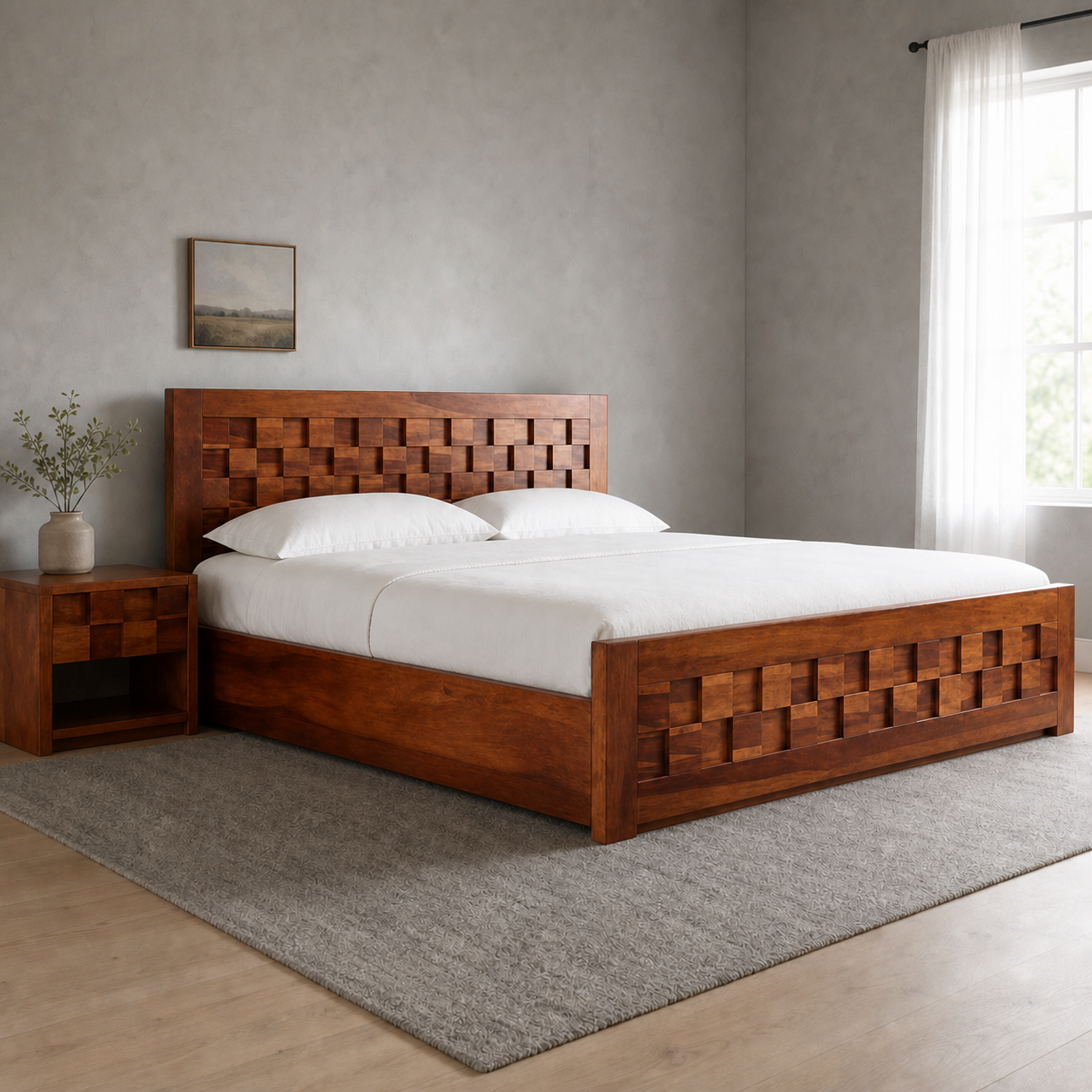 FInlo - Bed, closer made-bed view showing the complete frame construction