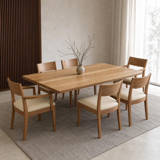 Finn - Wooden Top Dining Table, complete front three-quarter dining view in a contemporary room