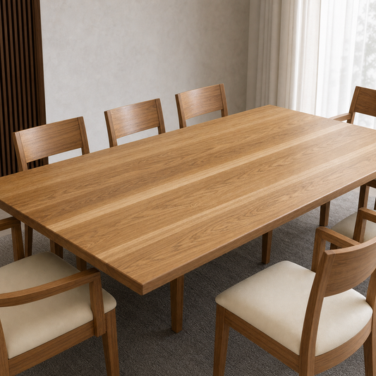 Finn - Wooden Top Dining Table, close tabletop and construction detail