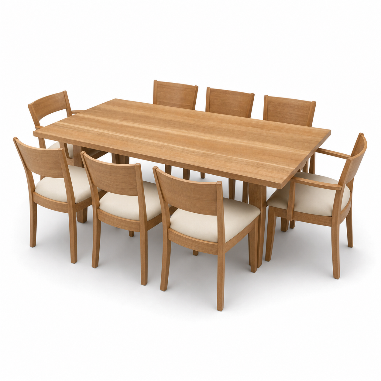 Finn - Wooden Top Dining Table, complete set front three-quarter studio view