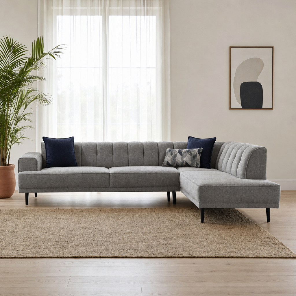 Flar - L shape sectional sofa in light grey fabric, front view in a modern living room