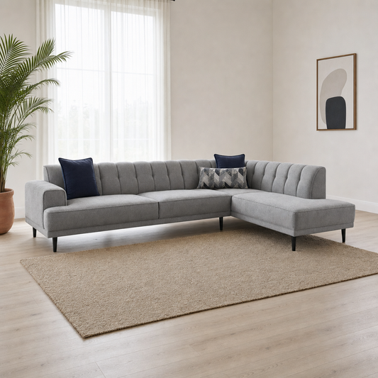 Flar - L shape sectional sofa, three-quarter view showing the chaise and depth