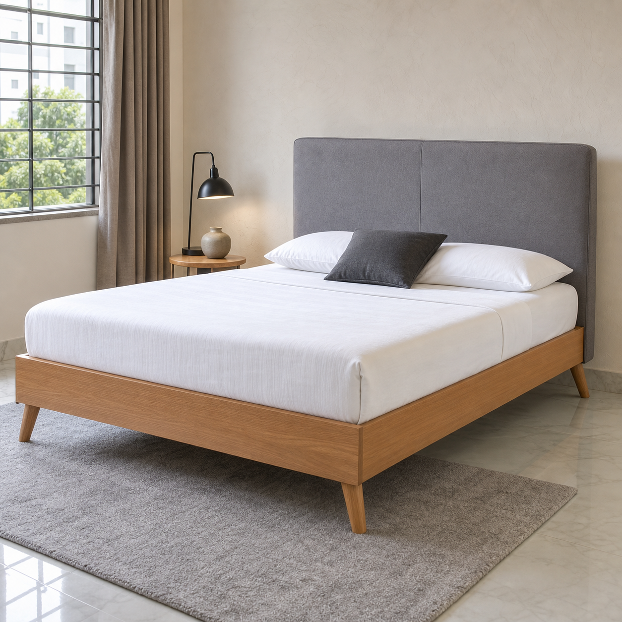 Frey - Bed, complete front three-quarter bed view in a restrained bedroom