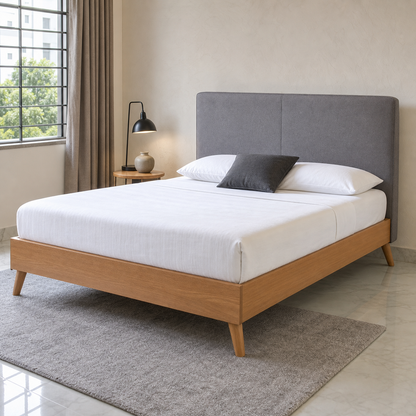 Frey - Bed, complete front three-quarter bed view in a restrained bedroom