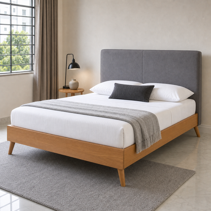 Frey - Bed, closer made-bed view showing the complete frame construction