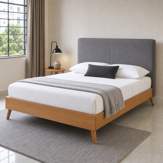 Frey - Bed, closer made-bed view showing the complete frame construction