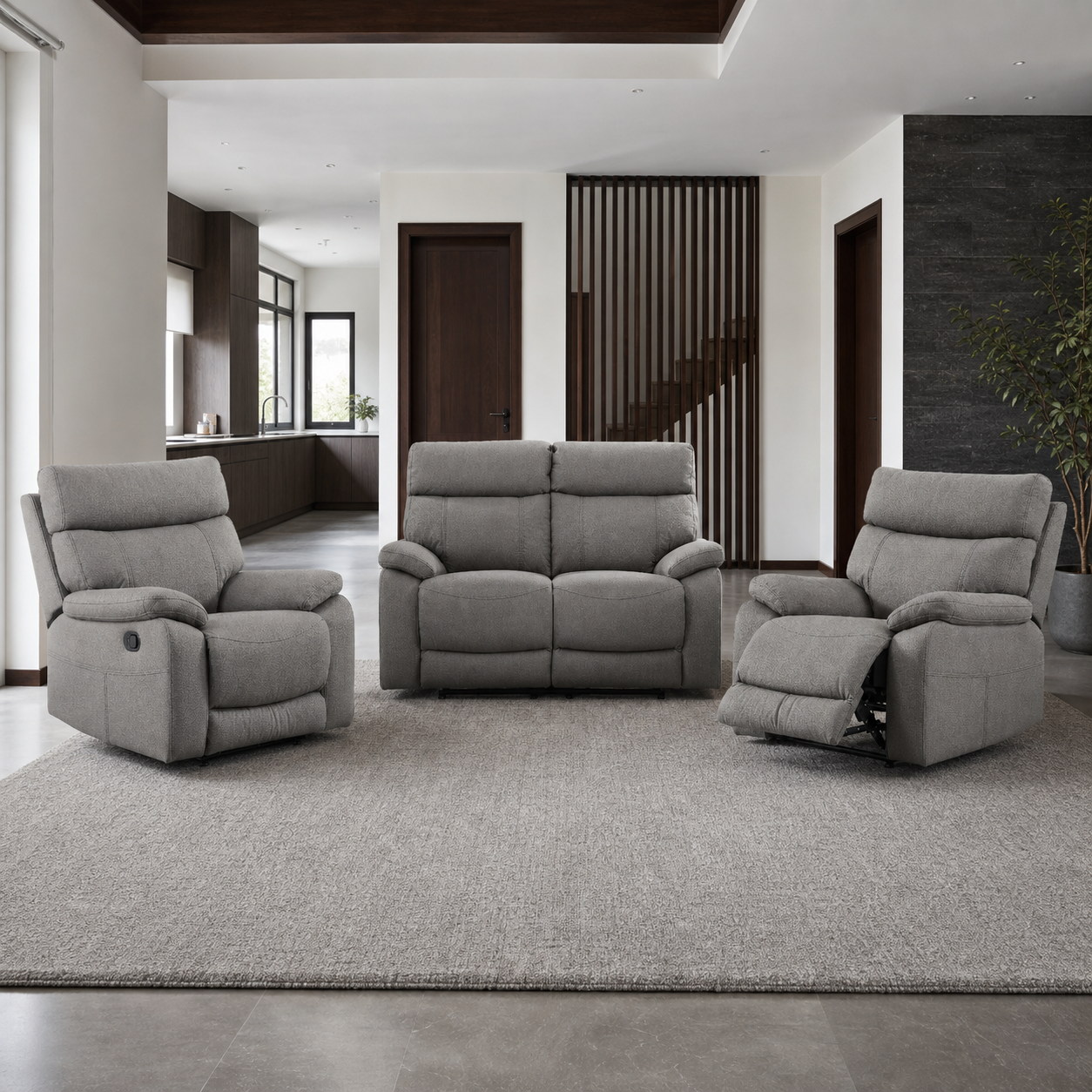 Frigid 1+2+1 Recliner Set complete configuration in an editorial living room